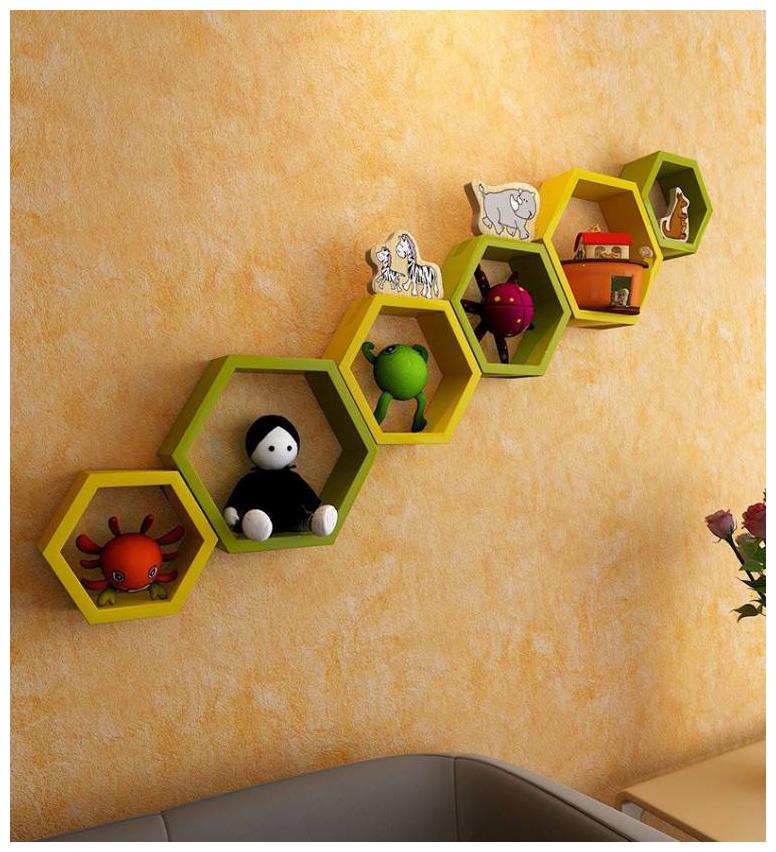 

WOOD WORLD D cor home Hexagon Shape Storage Wall Shelves set-6 - yellow green