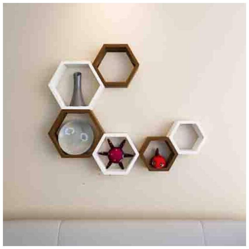 

WOOD WORLD D cor home Hexagon Shape Storage Wall Shelves set-6 - white brown