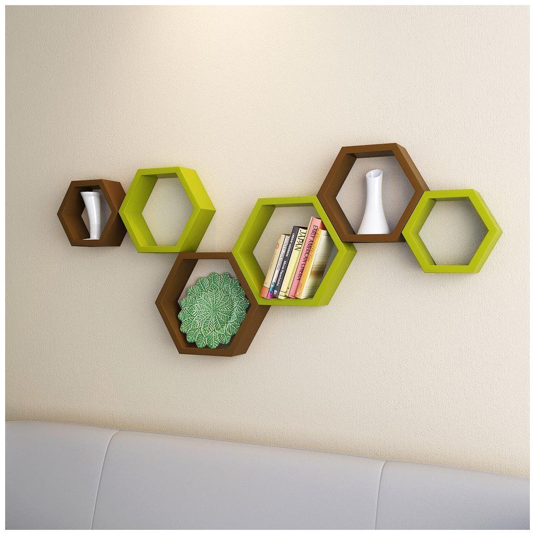 

WOOD WORLD D cor home Hexagon Shape Storage Wall Shelves set-6 - brown green