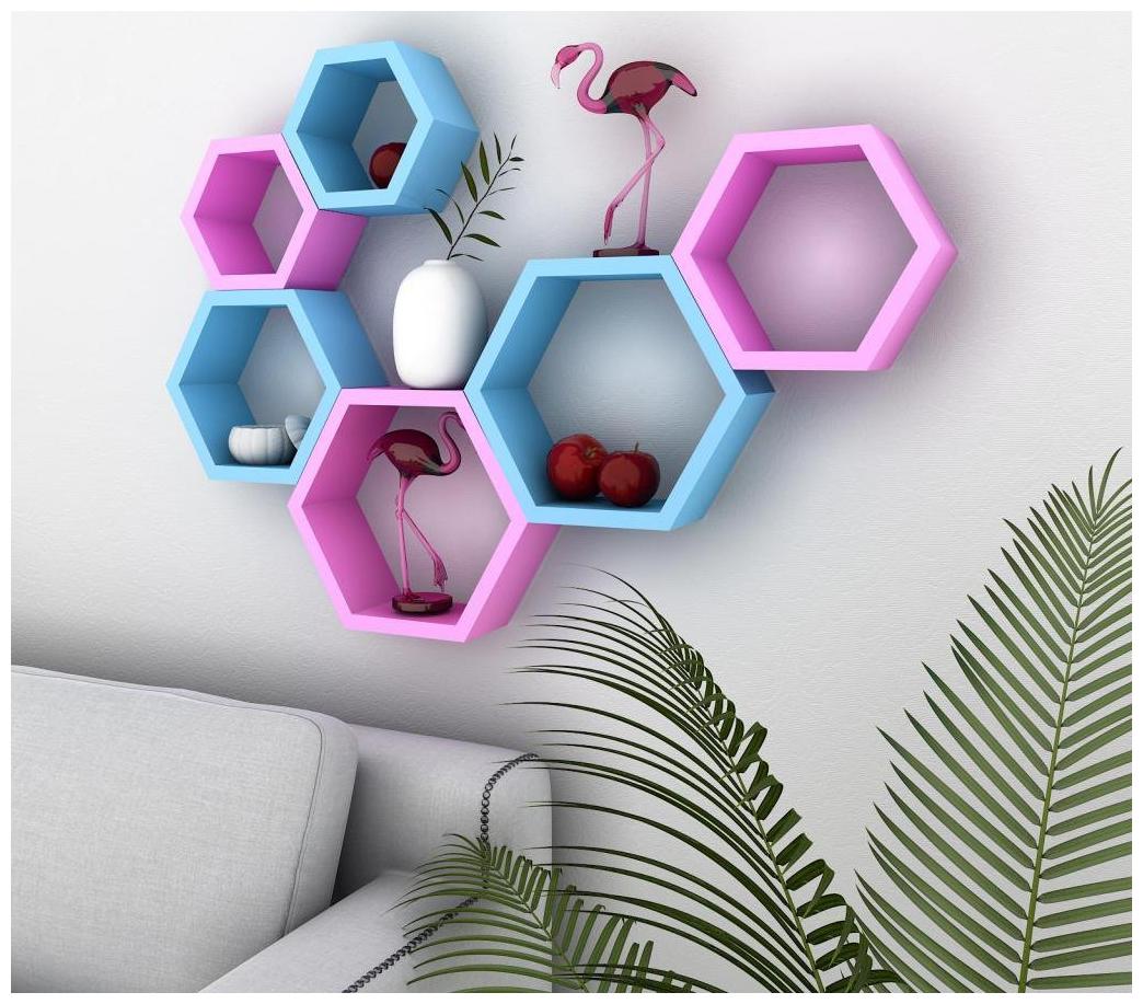

WOOD WORLD D cor home Hexagon Shape Storage Wall Shelves set-6 - pink blue