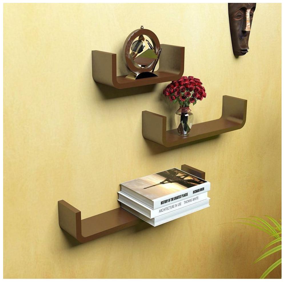 

WOOD WORLD home D cor round coner U-Shaped Floating Wall Shelf Set of 3- brown