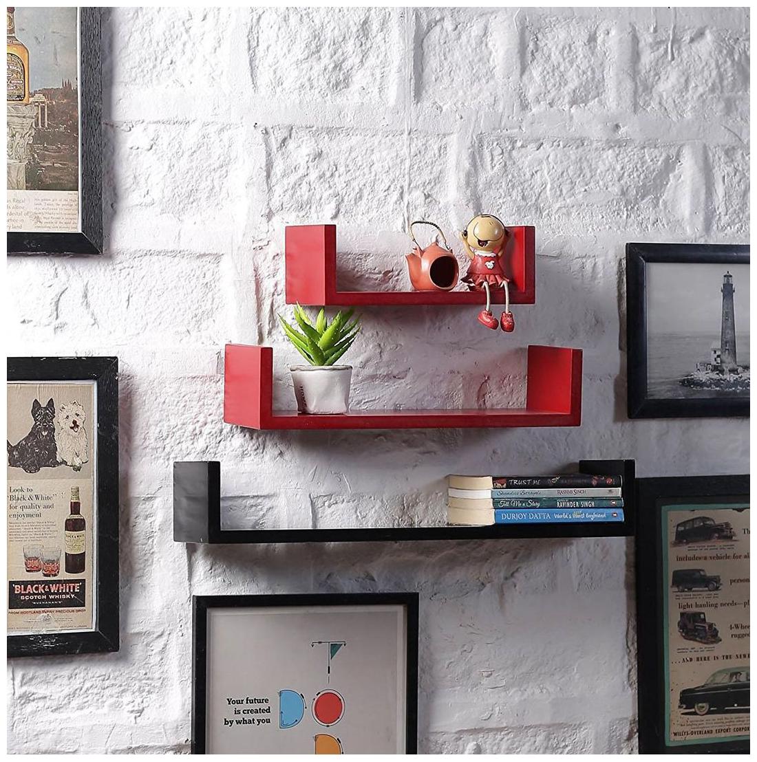 

WOOD WORLD home Decor U-Shaped Floating Wall Shelf Set of 3- black-red