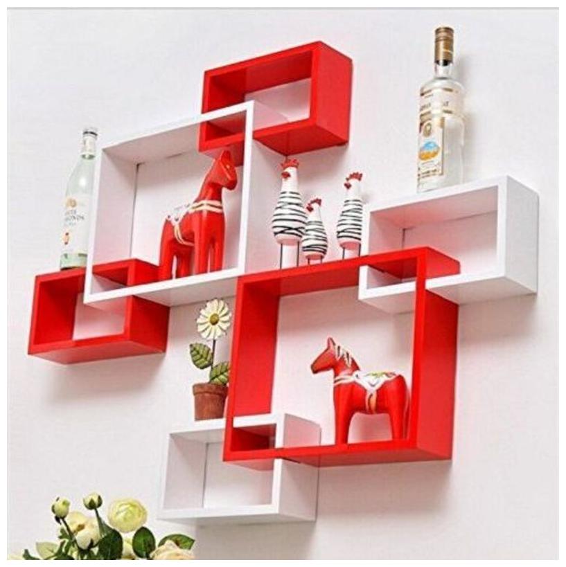 

WOOD WORLD Rectangular Intersecting Floating Wall Shelf set of 2 - red white
