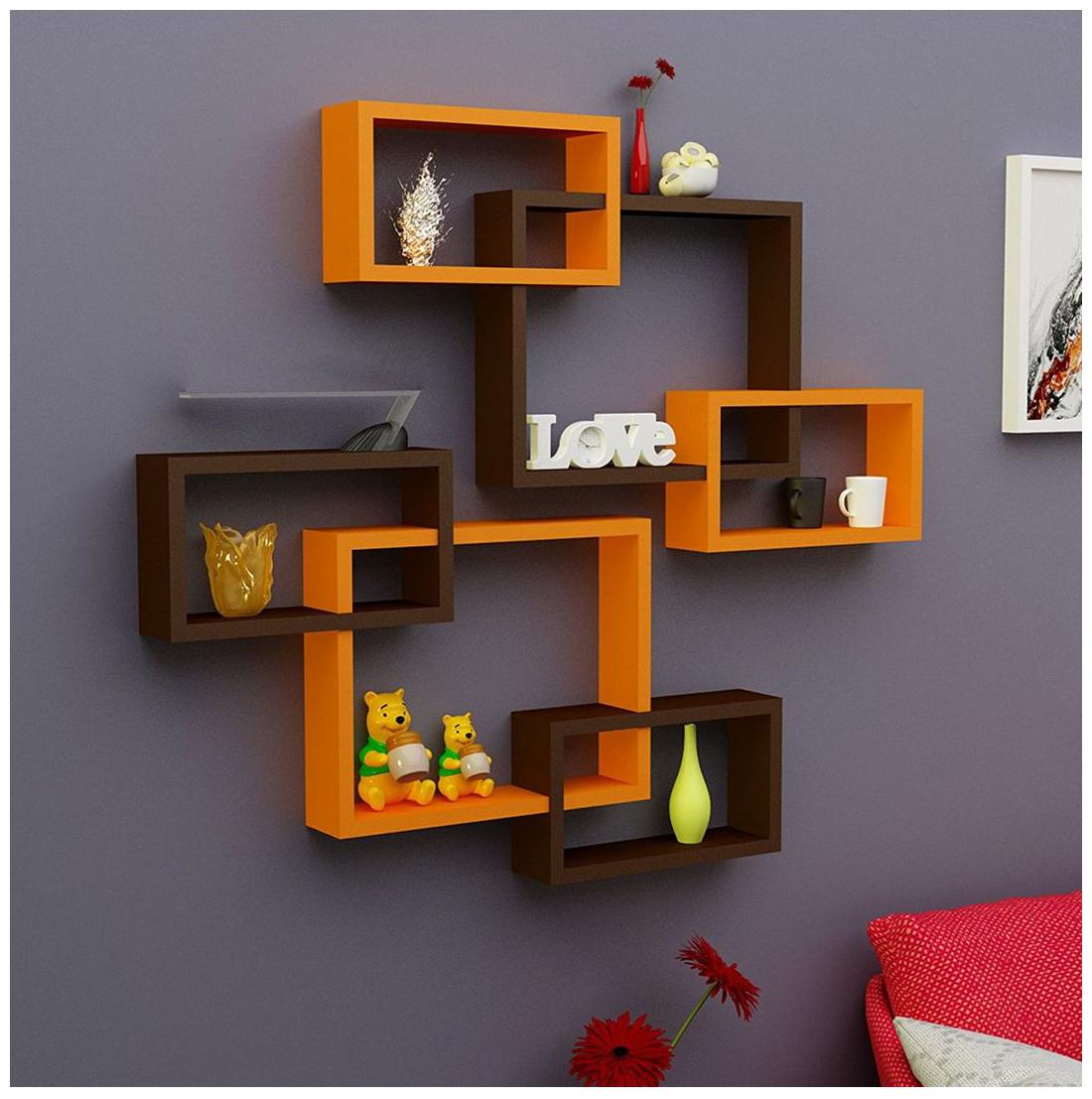 

WOOD WORLD Rectangular Intersecting Floating Wall Shelf set of 2 - orange Brown