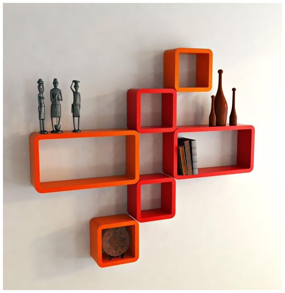 

WOOD WORLD Wall Shelf Set of Six Cube Rectangle Designer Wall Rack Shelves - red orange