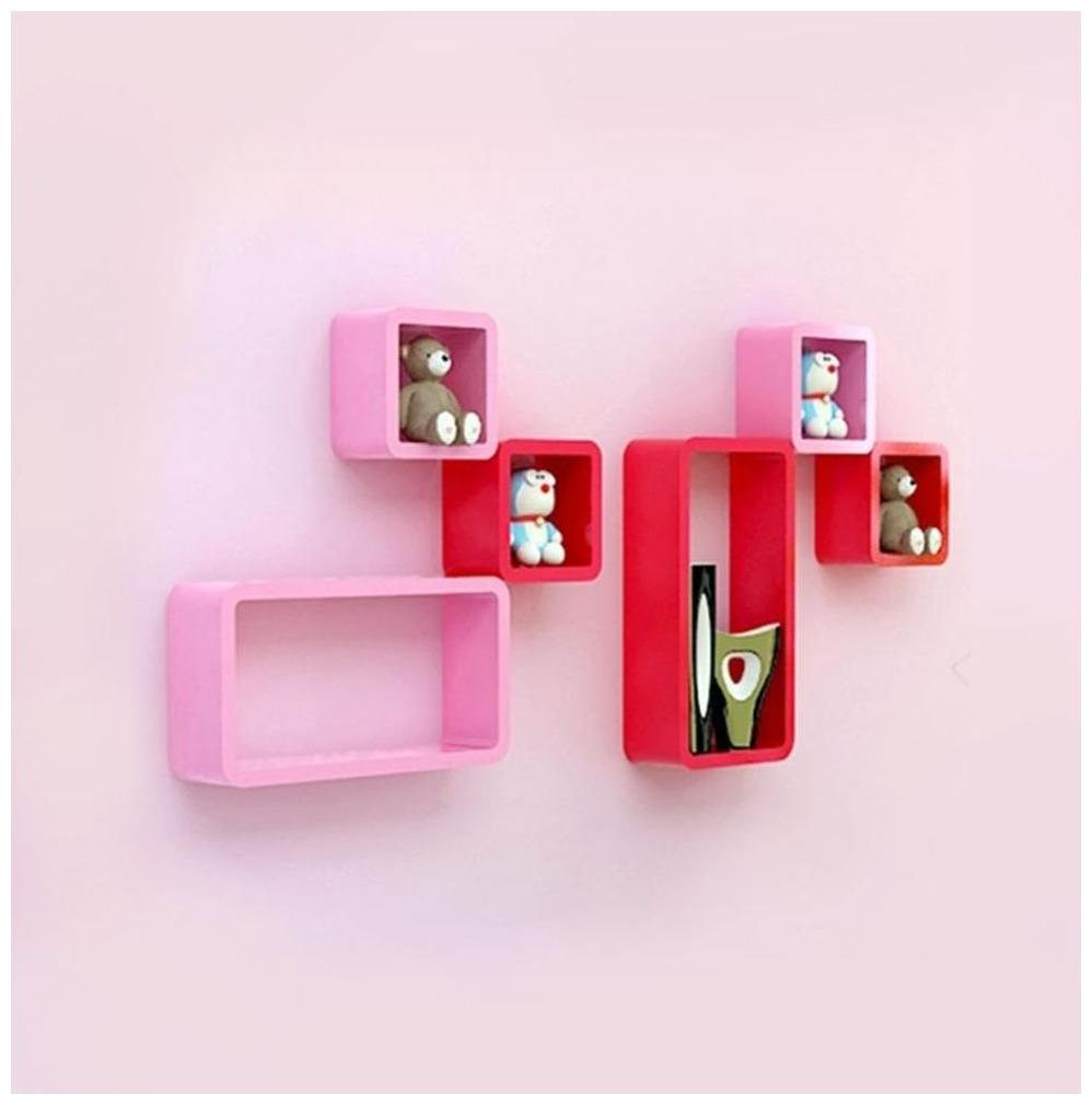 

WOOD WORLD Wall Shelf Set of Six Cube Rectangle Designer Wall Rack Shelves pink red