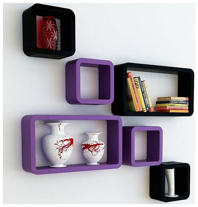 

WOOD WORLD Wall Shelf Set of Six Cube Rectangle Designer Wall Rack Shelves black purple