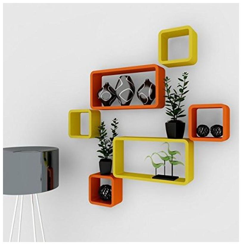 

WOOD WORLD Wall Shelf Set of Six Cube Rectangle Designer Wall Rack Shelves - yellow orange