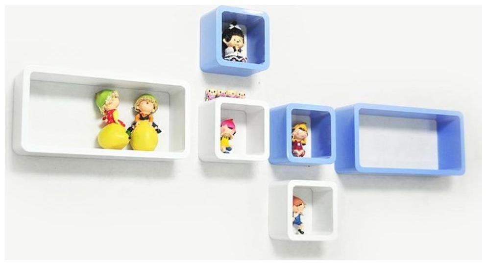 

WOOD WORLD Wall Shelf Set of Six Cube Rectangle Designer Wall Rack Shelves - white blue