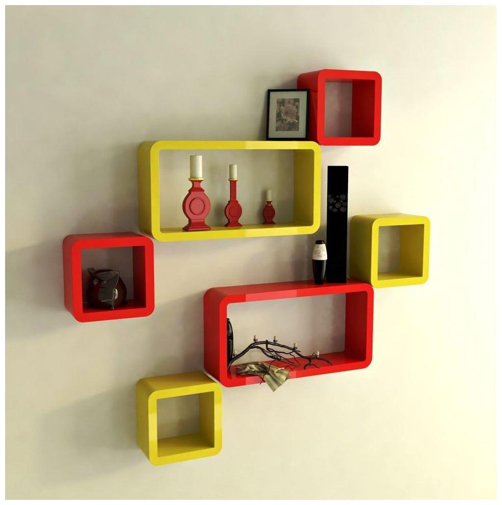 

WOOD WORLD Wall Shelf Set of Six Cube Rectangle Designer Wall Rack Shelves - red yellow