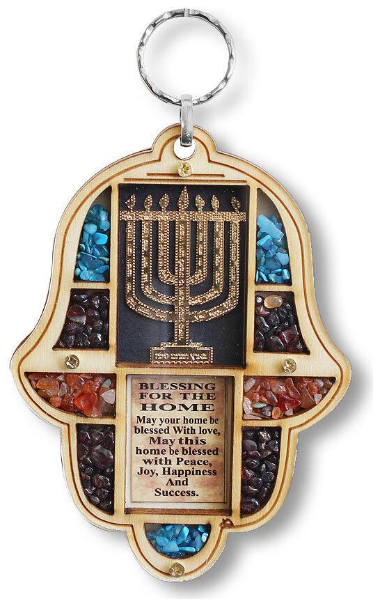 

Wooden Hamsa Menorah Blessing Home - Good Luck Wall Decor Simulated Gemstones