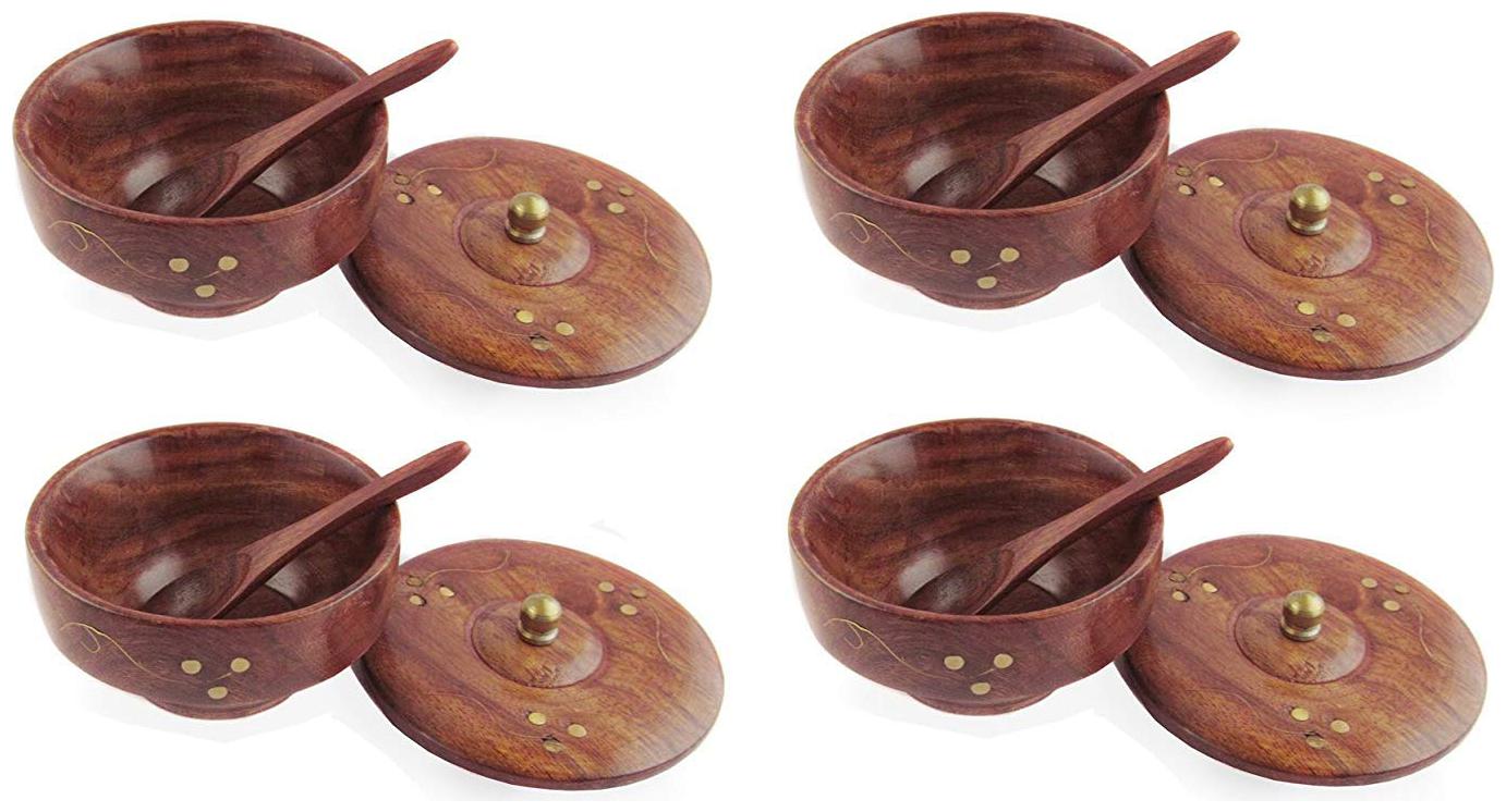 

Wooden Handcrafted Bowls with Covering Plates and Spoons (4 x 4 x 2 5 inches Each)