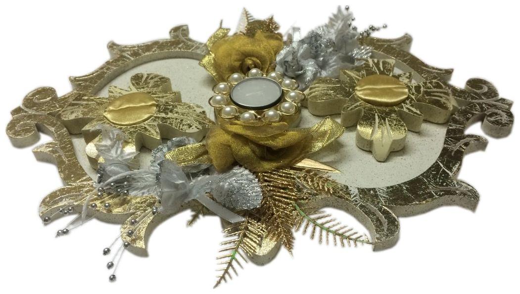 

Wooden Textured Sprinkled Golden off White Wedding Platter With 2 Ring Holders