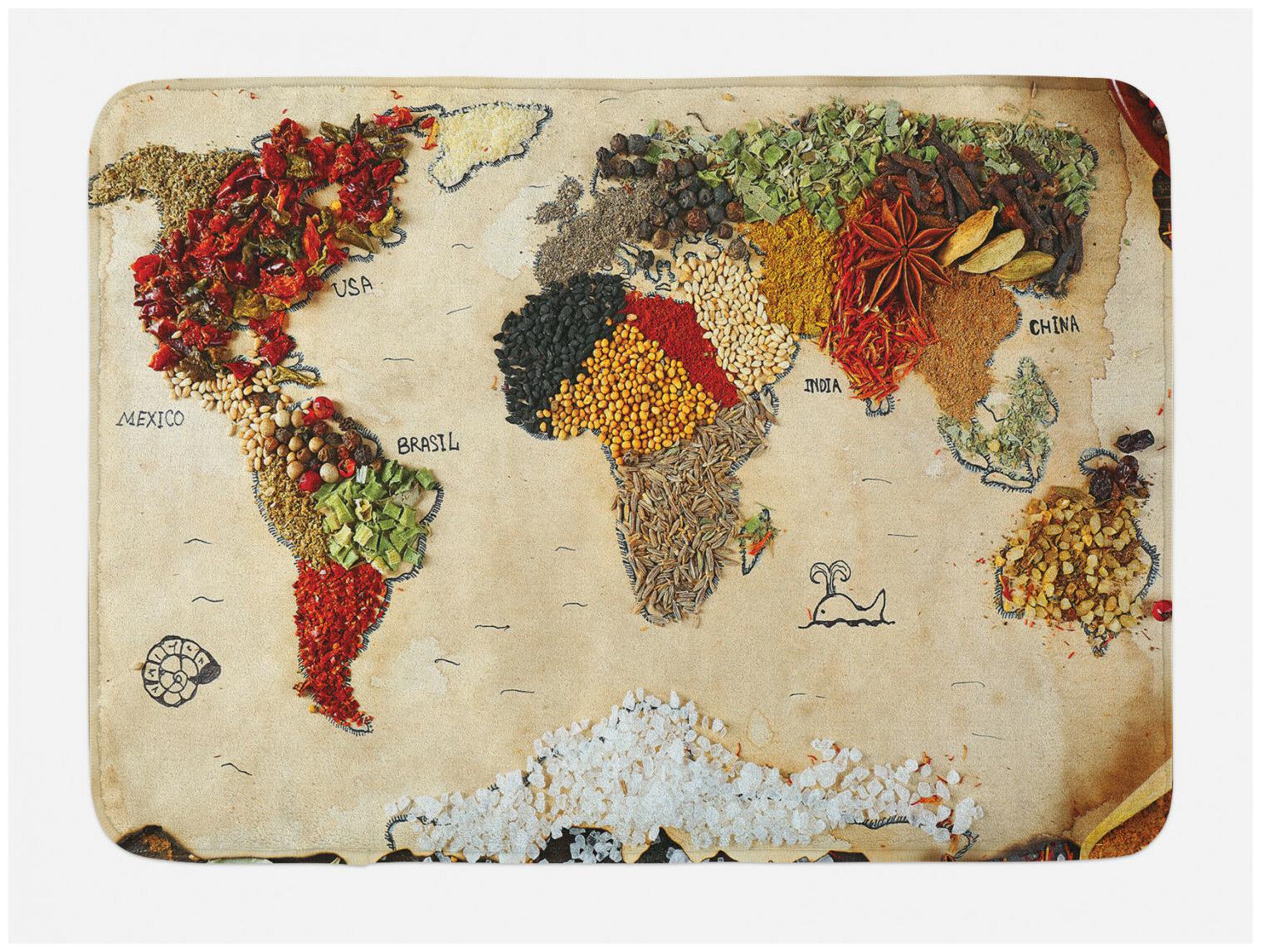 

World Map Bath Mat Boho Food Symbols Non-Slip Plush Mat 29 5 X 17 5 Inches