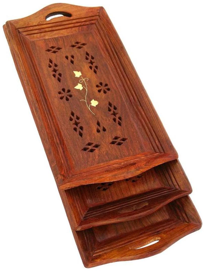 

Worthy Shoppee Handmade Wooden Serving Coffee Tray Set of 3 with Brass Work