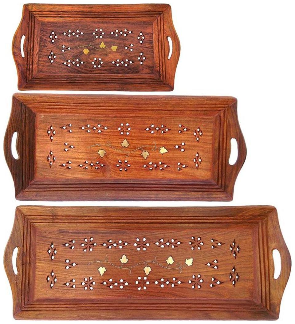 

Worthy Shoppee Handmade Wooden Serving Coffee Tray Set of 3 with Brass Work