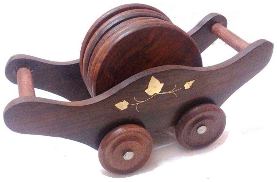 

Worthy Shoppee Old Vintage Wooden Hand carved Brass Fitted Wooden Tea coasters on wooden cart