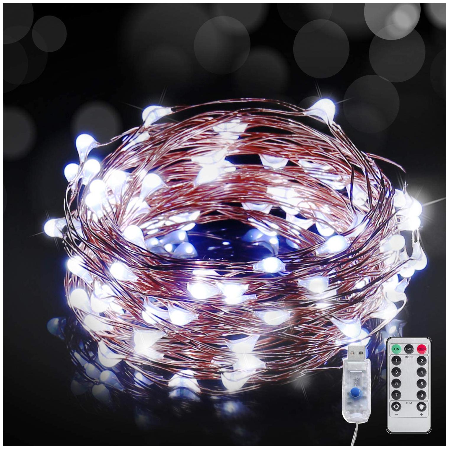 

XERGY 33ft 100 LED Silver 8 Modes LED Wire Fairy String Lights USB Powered with Remote Control for Wedding Party Home Christmas Diwali Decoration Cool White (Pack of 1)