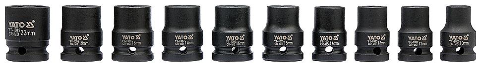 

Yato YT-1025 Cold Forged CrMo 1 2 inch Drive Black Phosphated Surface AS Drive Hexagonal Impact Socket Set-10mm 12mm 13mm 14mm 15mm 16mm 17mm 18mm 19mm 22mm Socket Set (Pack of 10)