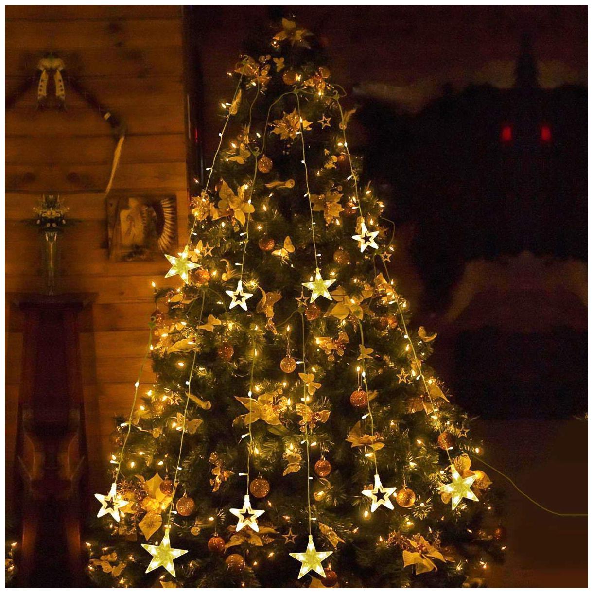 

Yellow Color Star Curtain Light with 138 LED Lights 6 Big Star and 6 Small Star with 2 Flashing Modes for Christmas Decoration Home Decoration New Year Gift Wedding Birthday Party