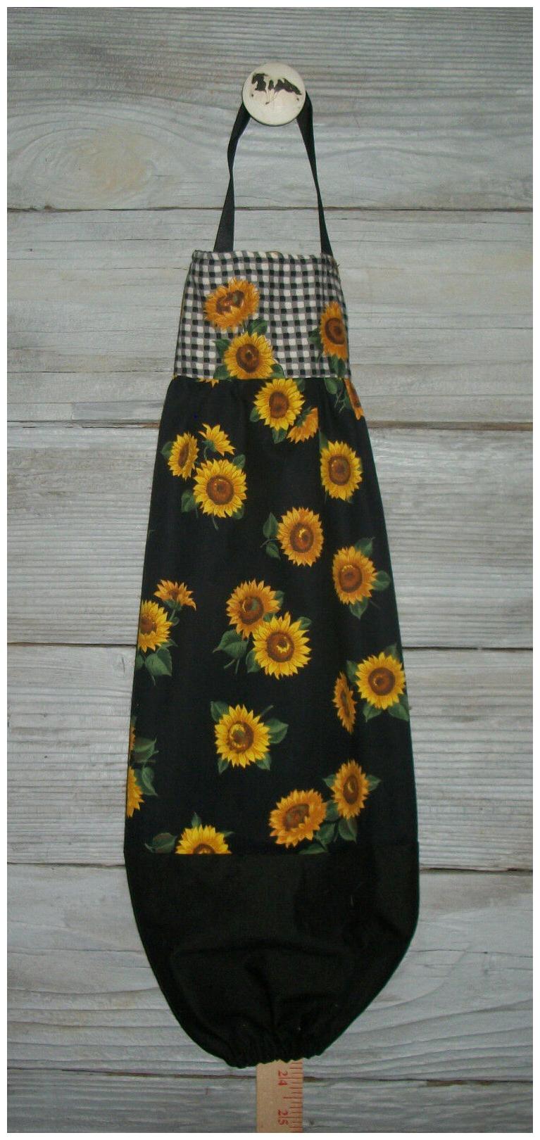 

Yellow Sunflowers Black Gingham Plastic Grocery Bag Rag Sock Holder Organizer
