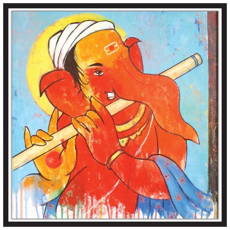 

Yogine Beautiful Modern Art Lord Ganesha Playing Bansuri Painting Self Adhesive Unframed Rolled Sticker Size -12 in x 12 in Multicolour