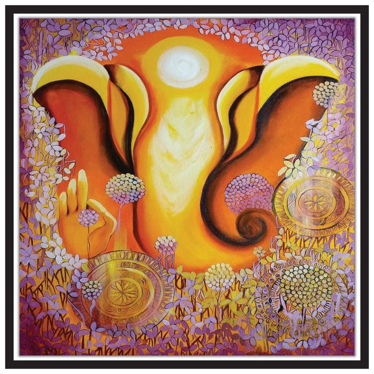 

Yogine Modern Art Painting Of Lord Ganesh ji Beautiful Decor Piece With Message Self Adhesive Unframed Rolled Sticker Size -12 in x 12 in Multicolour