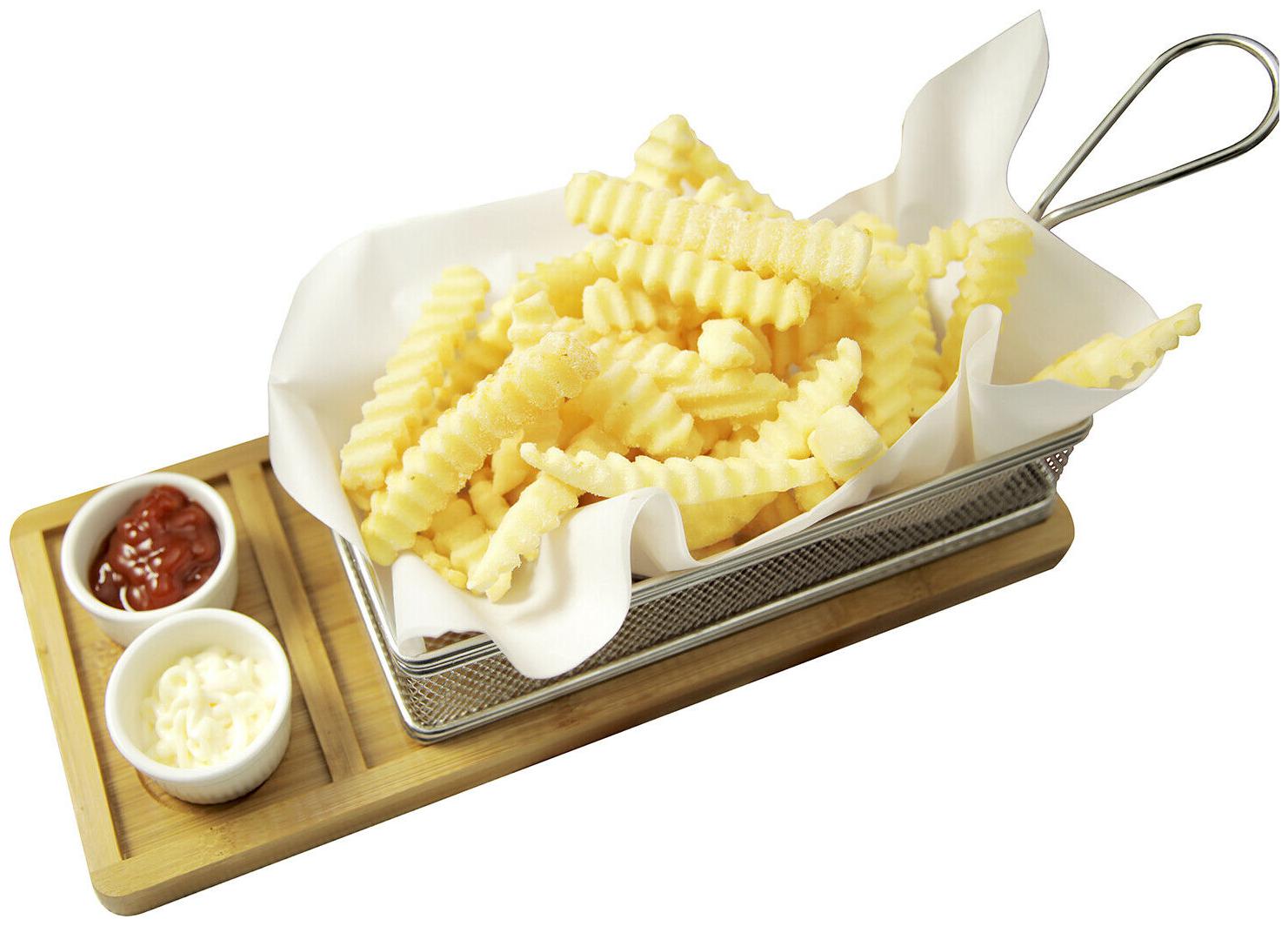 

Yukon Glory Fry Serving Basket Kit 2 Ceramic Ramekins Bamboo Serving Board