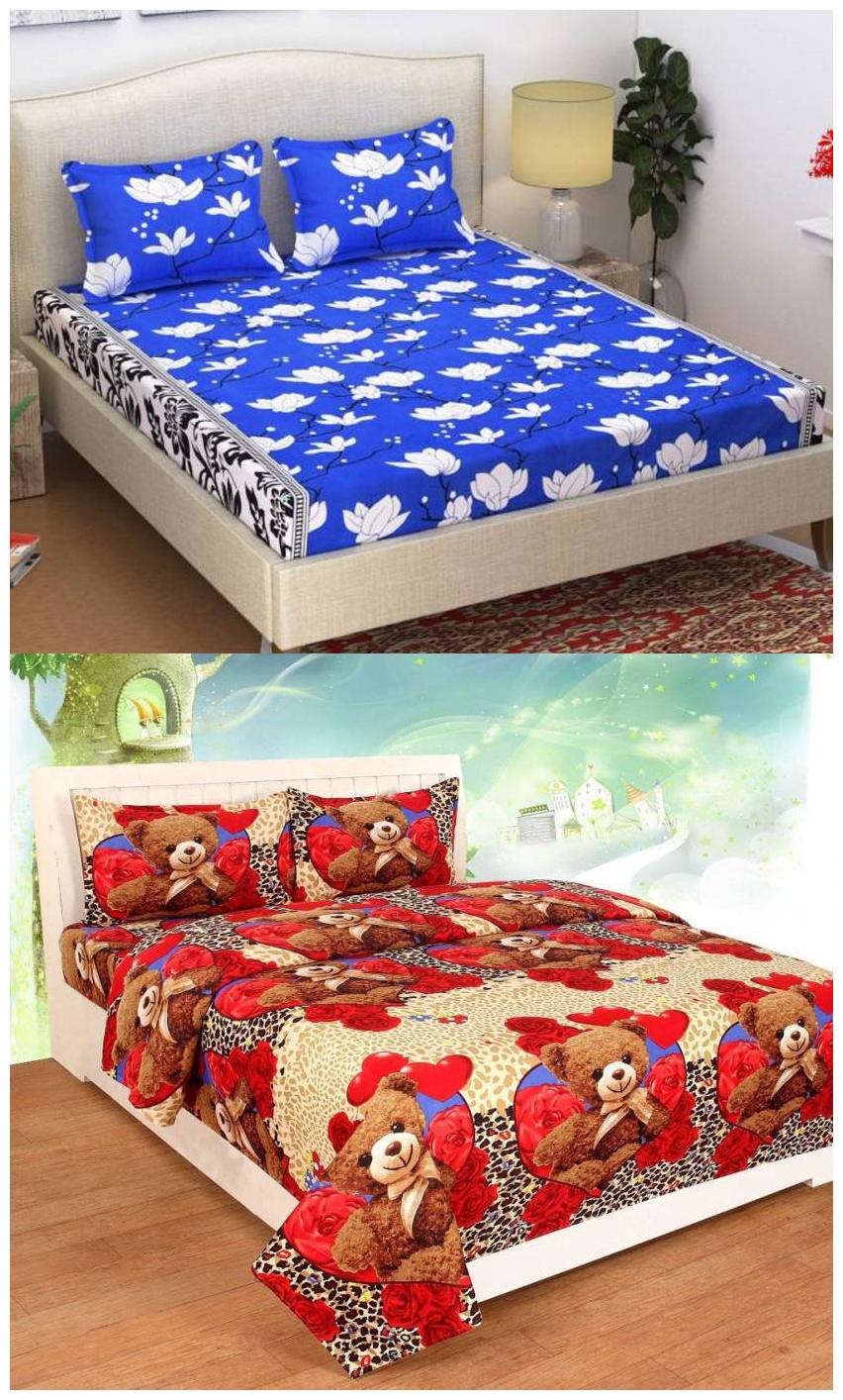 

ZDECOR Microfiber 3D Printed Double Size Bedsheet 120 TC ( 1 Bedsheet With 2 Pillow Covers Multi )