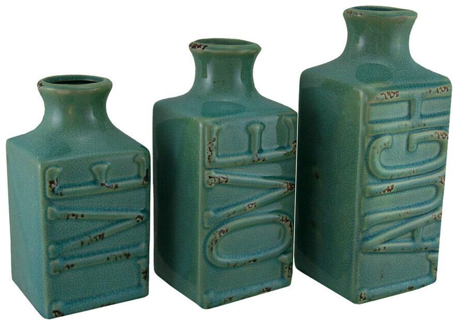 

Zeckos Set of 3 Blue Crackle Finish Live Laugh and Love Porcelain Vases