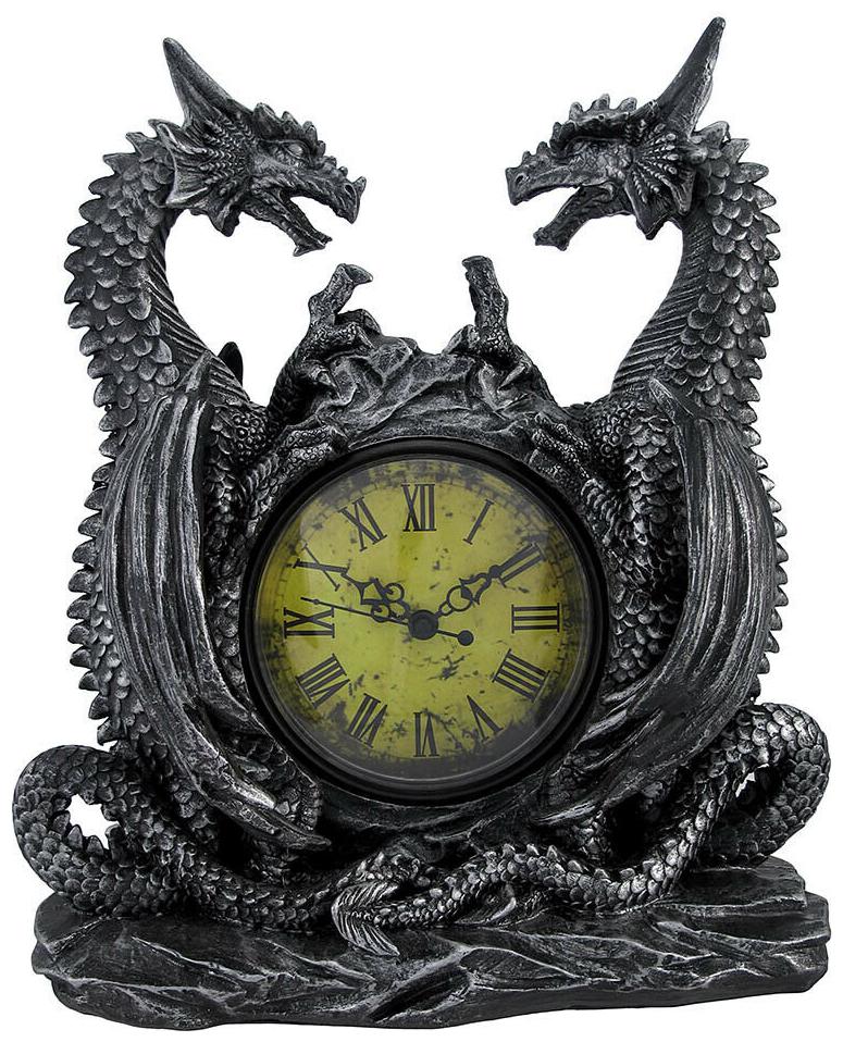 

Zeckos Twin Evil Dragons Antiqued Mantel Clock Table Desk