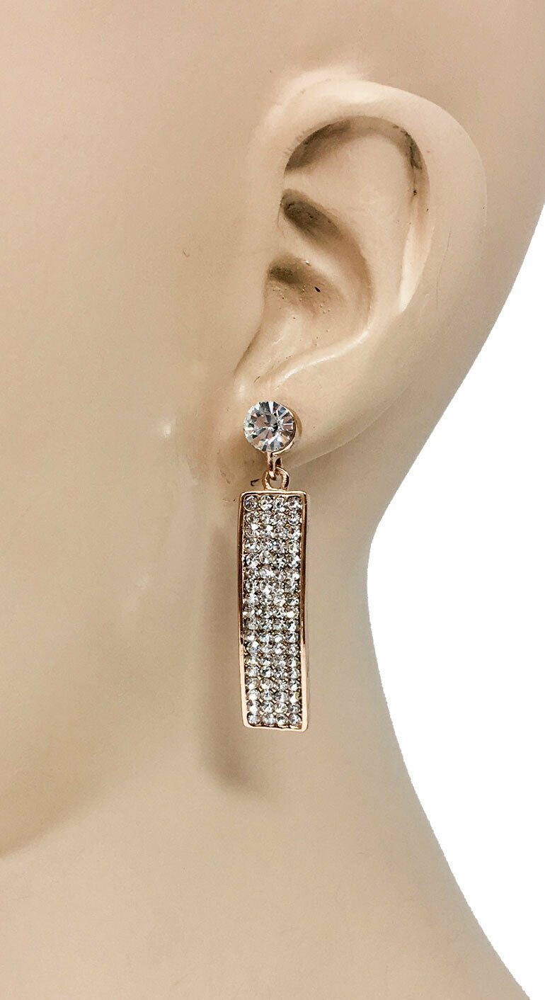 

1 75 Long Clear Crystals Linear Earrings Gold Tone Pageant Bridal Prom