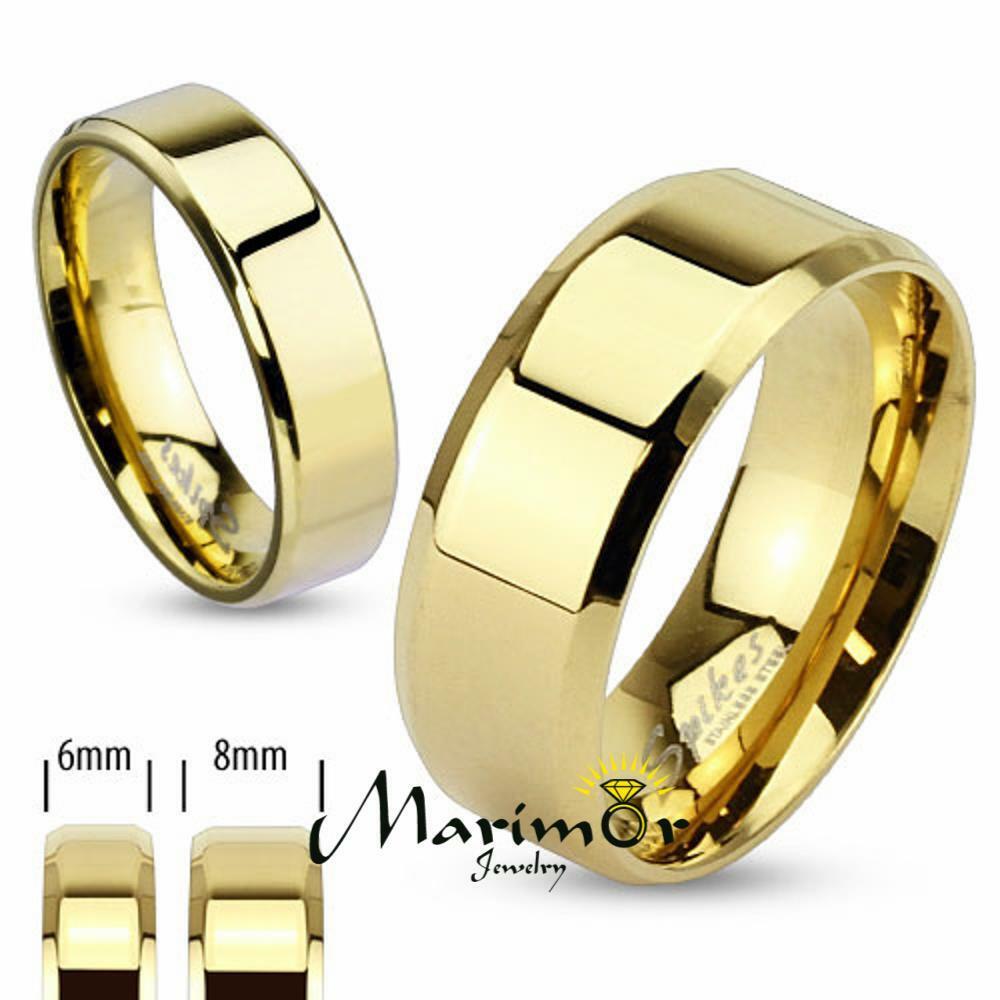 

14k Gold Ion Plated Stainless Steel Beveled Edge Flat Wedding Band Ring sz 5-14