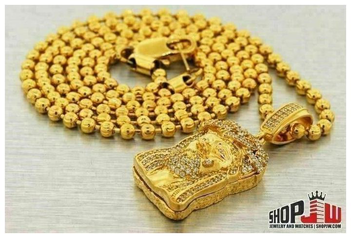 

14k Triple Gold Plated Jesus Piece Pendant 30 Beaded Chain Set Solid Yellow ORO