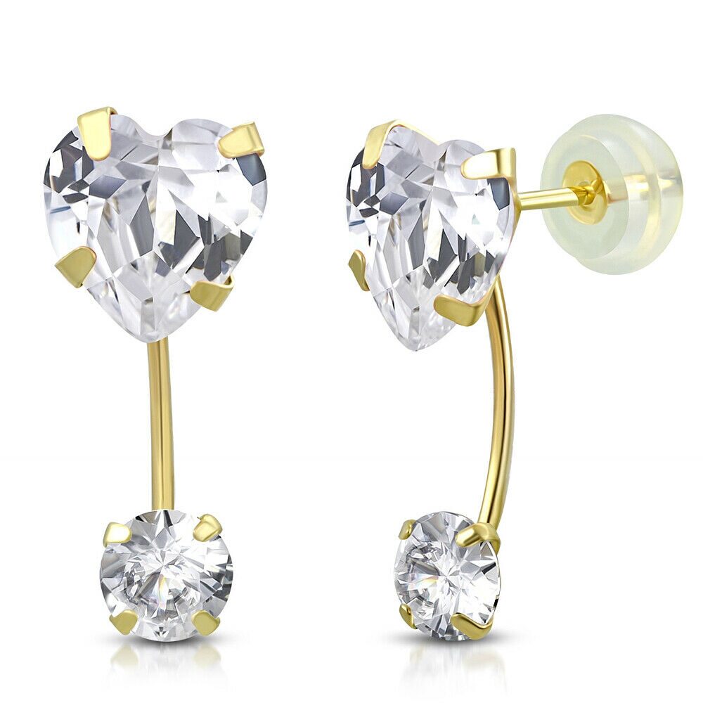 

14K Yellow Gold Love Heart Pink CZ Small Girls Stud Drop Earrings 0 45