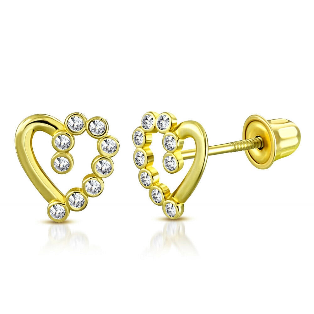

14K Yellow Gold Love Heart Bezel-Set CZ Small Girls Stud Earrings 0 30