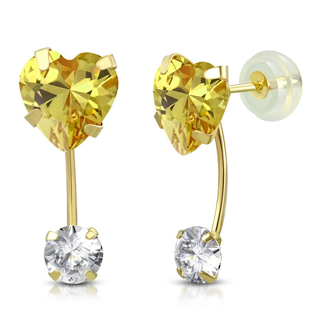 

14K Yellow Gold Love Heart Pink CZ Small Girls Stud Drop Earrings 0 45