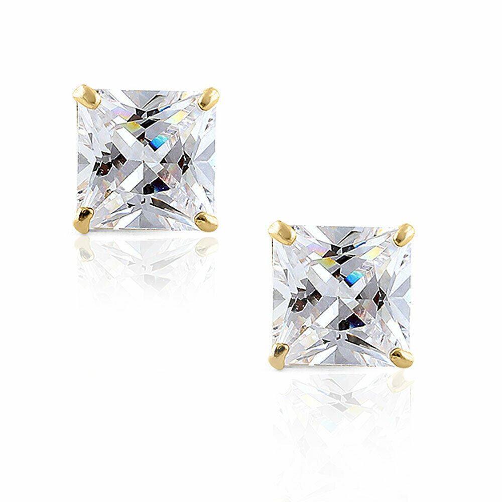 

14K Yellow Gold Square Princess White Clear CZ Classic Stud Earrings 5 mm