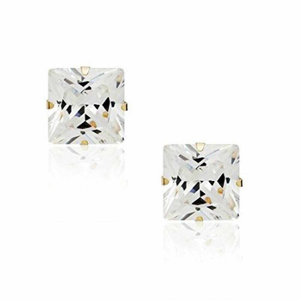 

14K Yellow Gold Square Princess White Clear CZ Classic Stud Earrings 7 mm