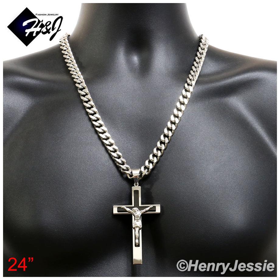 18-40/"MEN Stainless Steel 9mm Silver Cuban Curb Chain Necklace Cross Pendant*BJ1