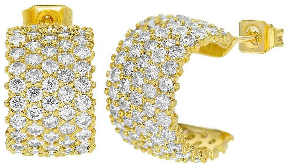 

18k Gold Plated Half Hoop Micro Pave Clear Crystal Stud Womens Earrings 12mm