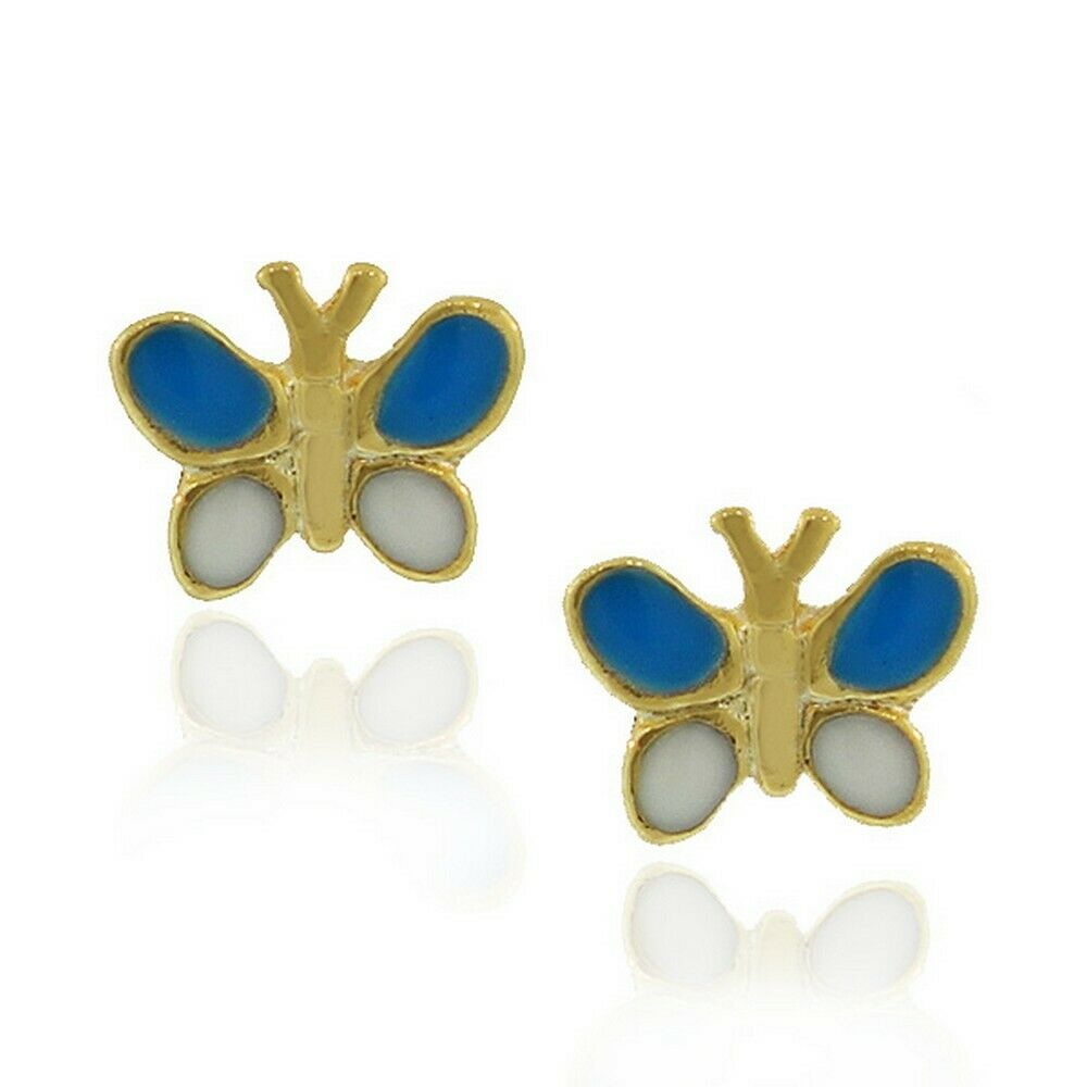 

18K Yellow Gold Filled Brass White Blue Butterfly Stud Womens Girls Earrings
