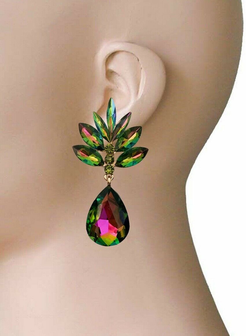 

2 5 L Clip On Evening Earring Vitrail Acrylic Rhinestone Drag Queen Pageant