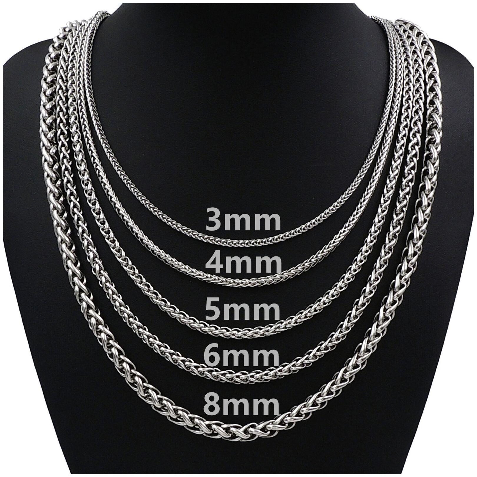 

3 4 5 6MM Mens Silver Stainless Steel Necklace Wheat Braided Chain 18-30 inch