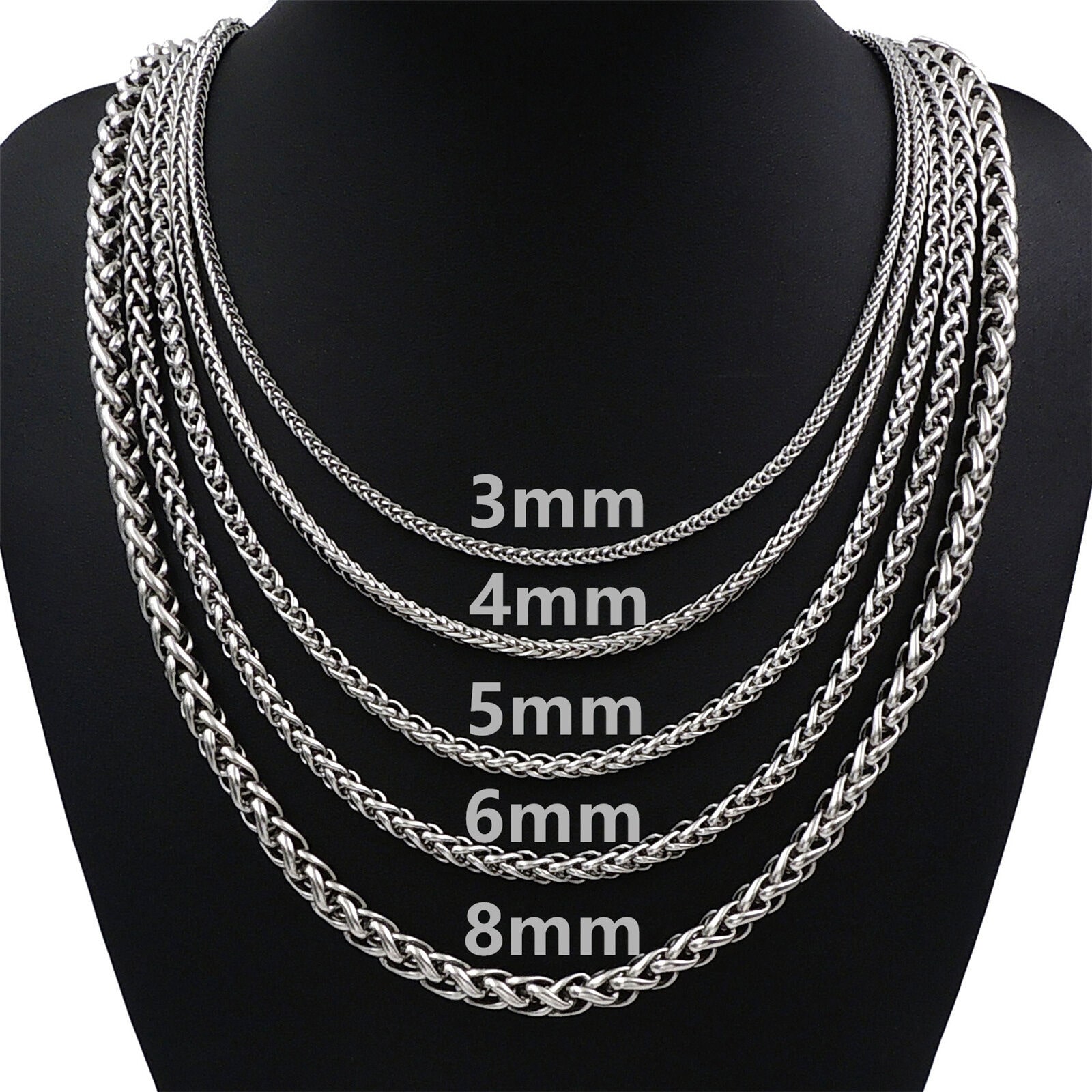 

3 4 5 6MM Mens Silver Stainless Steel Necklace Wheat Braided Chain 18-30 inch