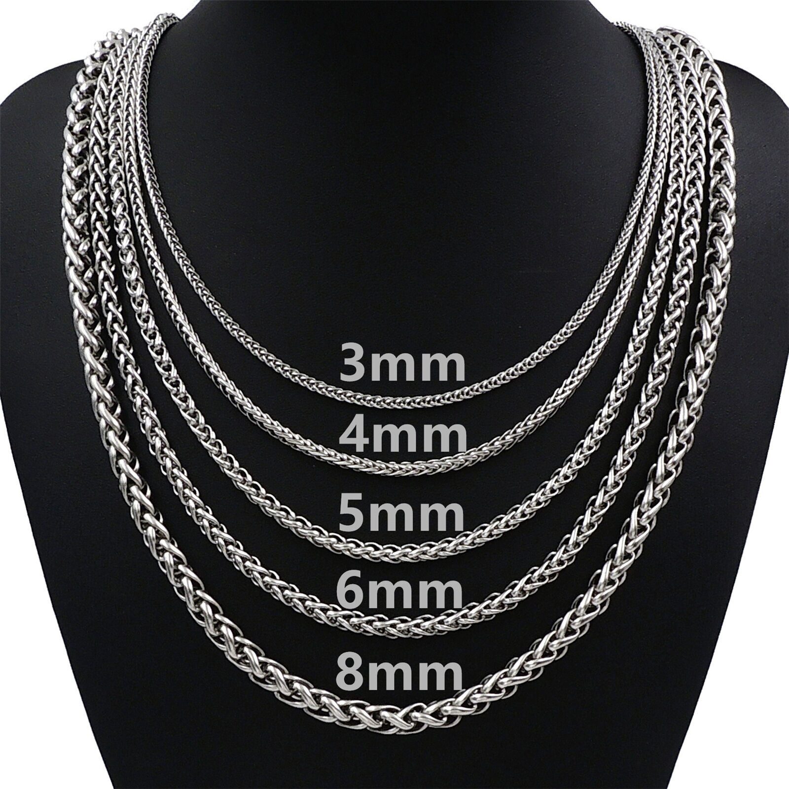 

3 4 5 6MM Mens Silver Stainless Steel Necklace Wheat Braided Chain 18-30 inch