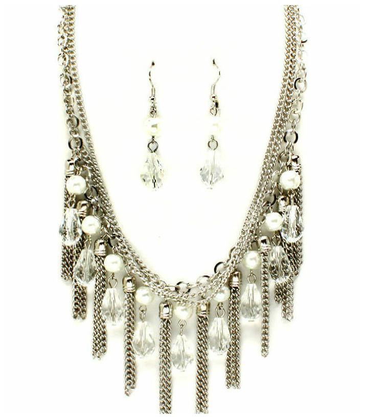 

3 Rows Silver Chains Pearls Tear Drop Beads Tassels Silver Fashion Necklace Set