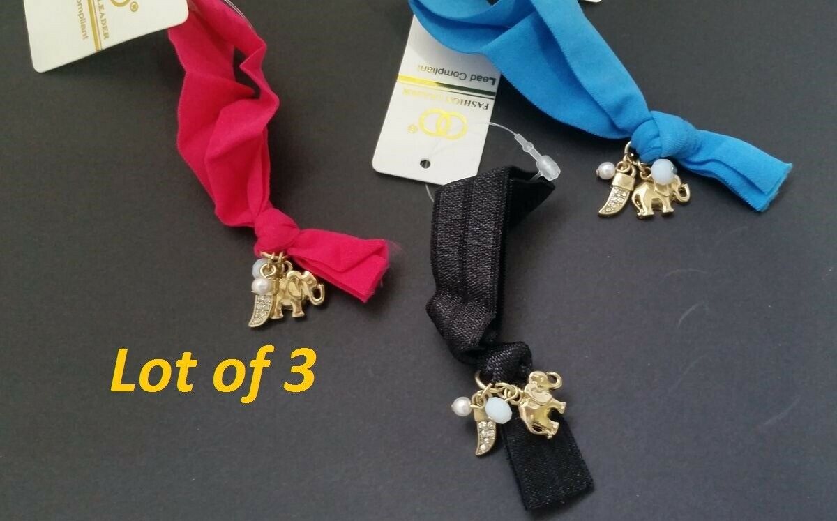 

3 Stretch Cloth Elastic Ribbon Elephant Charm Hair Tie or Bracelets Z7in-3 22