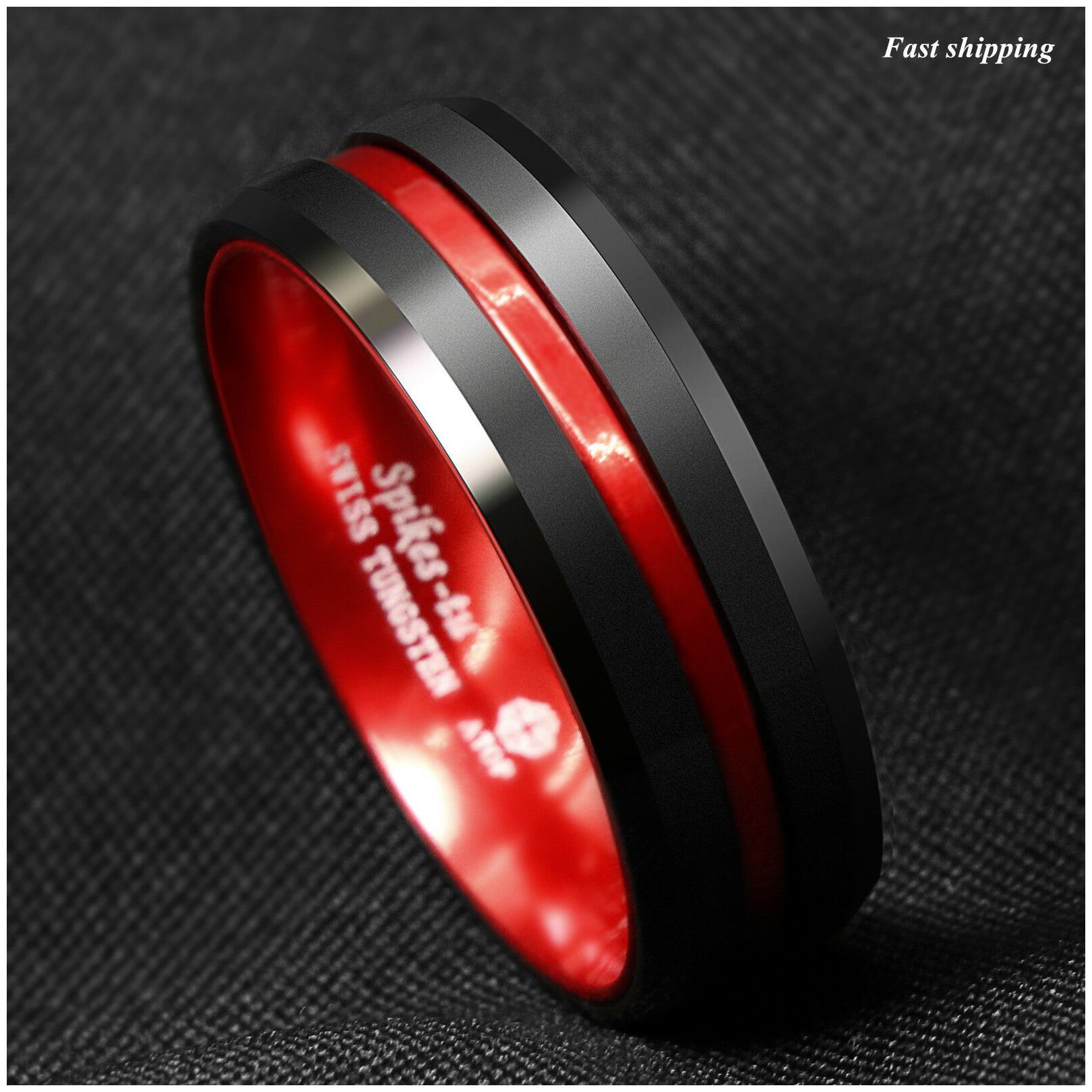 

8 6mm Black Tungsten Carbide Thin Red Line Wedding Band Ring ATOP Men s Jewelry