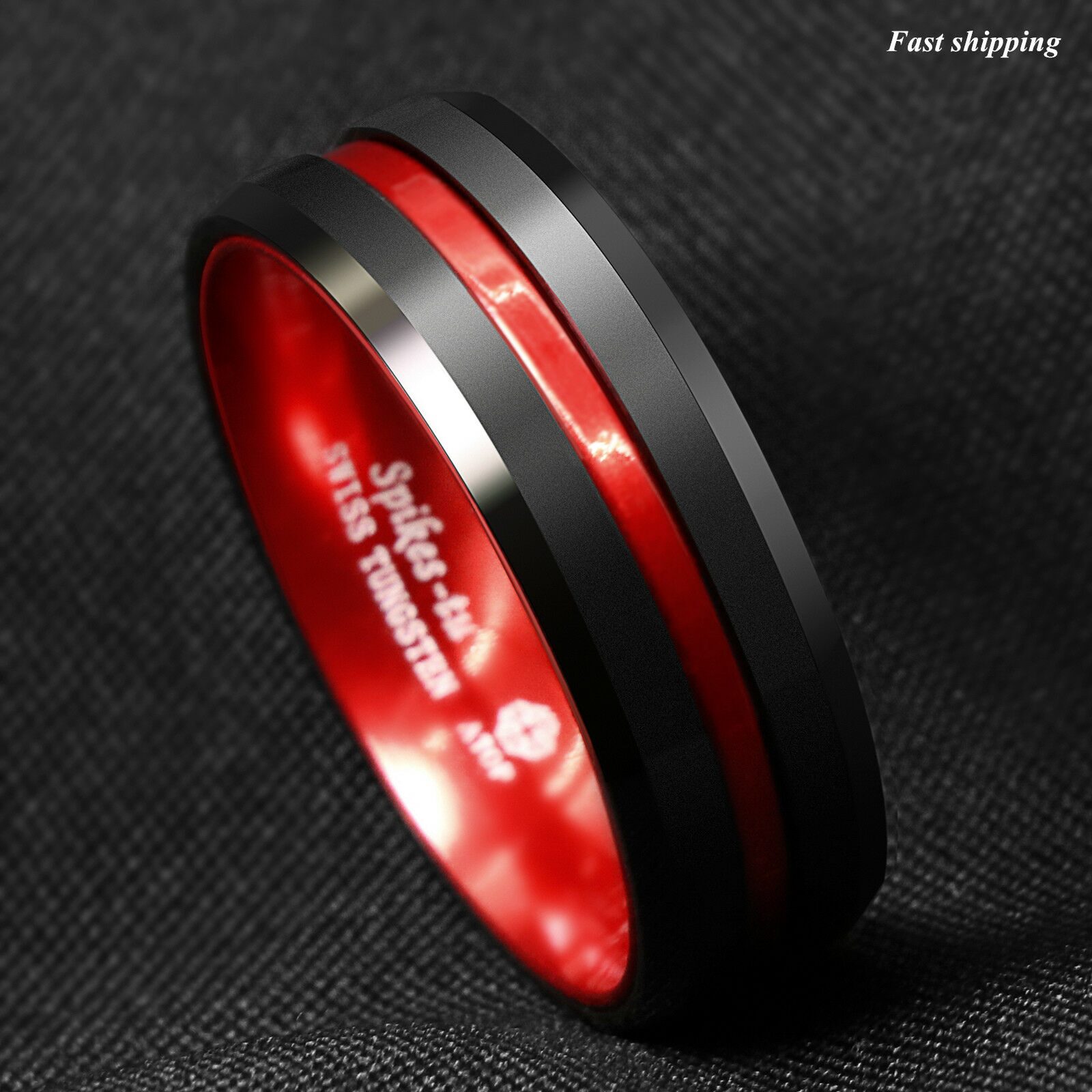 

8 6mm Black Tungsten Carbide Thin Red Line Wedding Band Ring ATOP Men s Jewelry